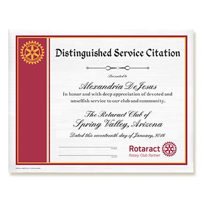 Custom Rotaract Distinguished Service Citation Certificate