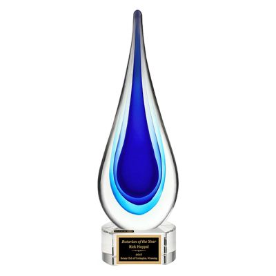 Art Glass Blue Teardrop Award on Clear Base